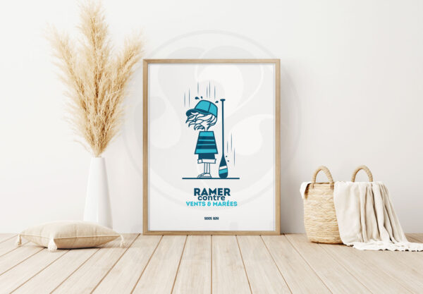 Affiche Personnage casquette bleue "Ramer contre vents et marées"